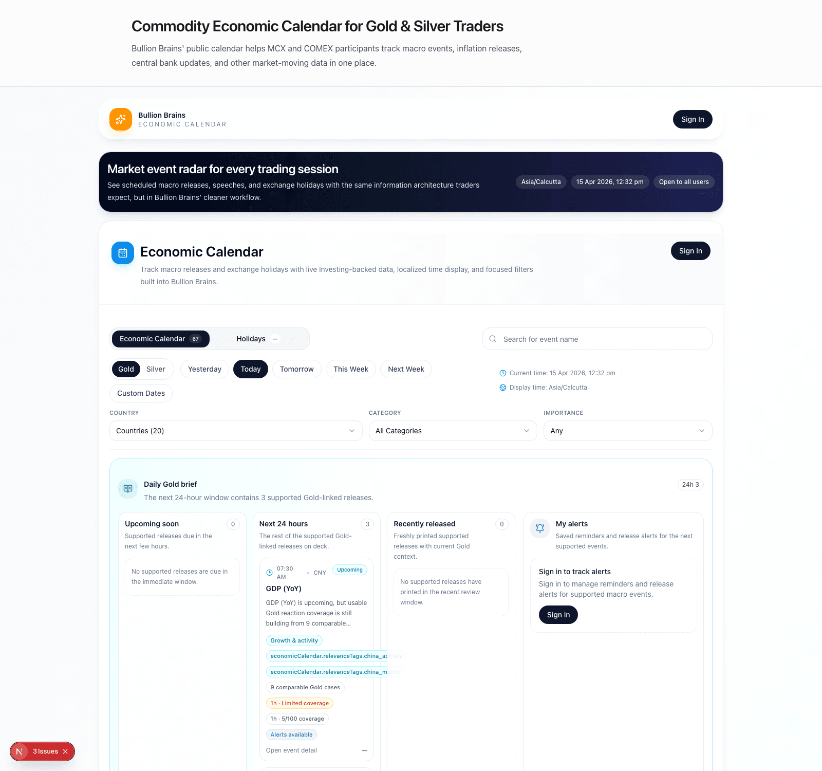Bullion Brains economic calendar showing macro radar, filters, and daily brief context