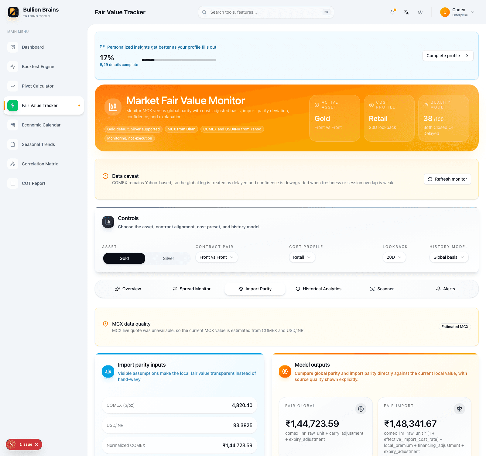 Bullion Brains fair value workspace showing import parity and deeper basis monitoring context
