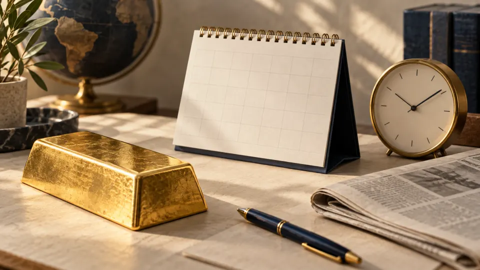 AI illustration: gold beside a calendar and clock; not a photograph of this day's events