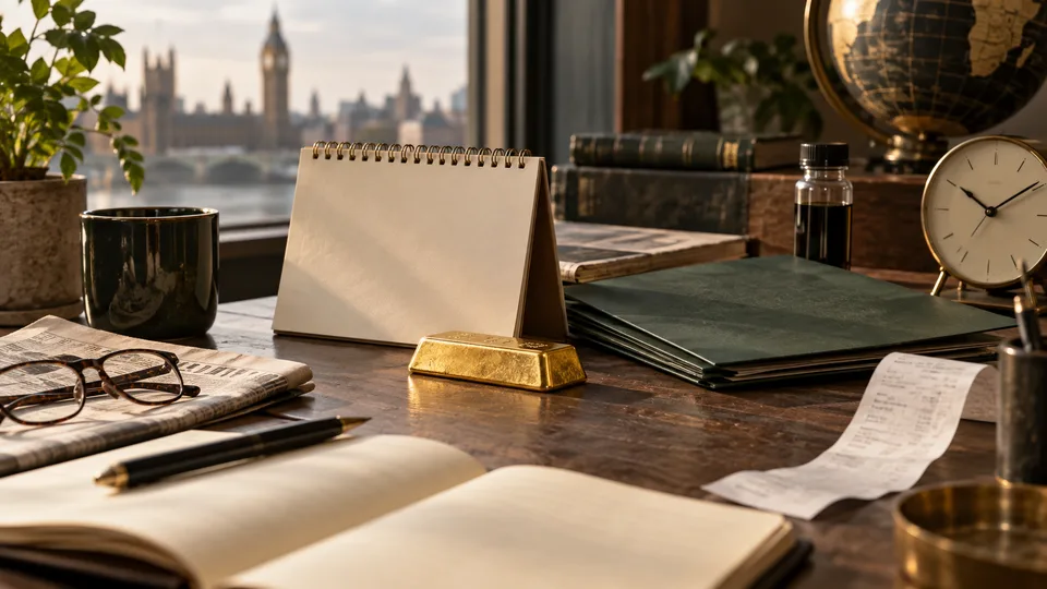 AI illustration: gold beside a blank calendar, clock, policy folder and oil vial; not a photograph of this day's events