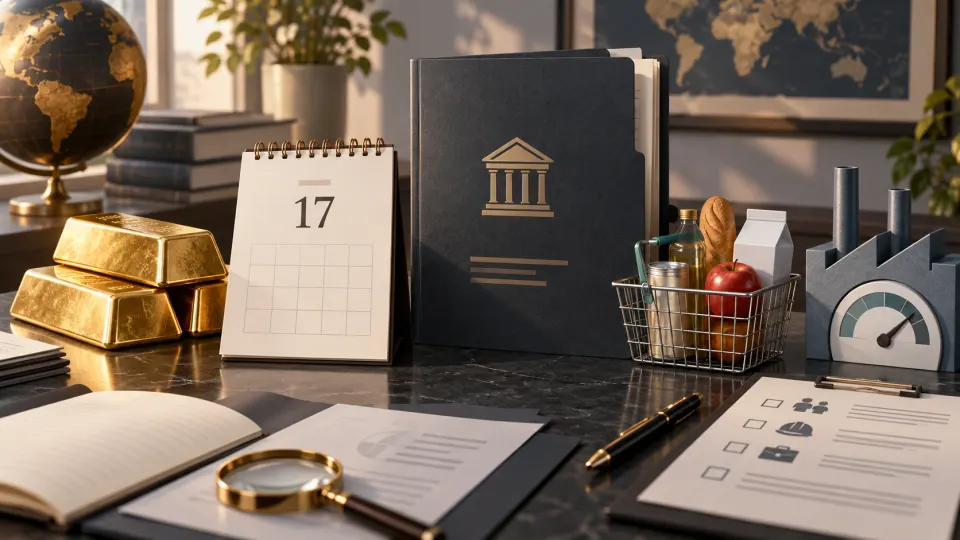AI illustration: gold beside a calendar marked 17, policy folder, inflation basket, manufacturing gauge and labour checklist; not a photograph of the events