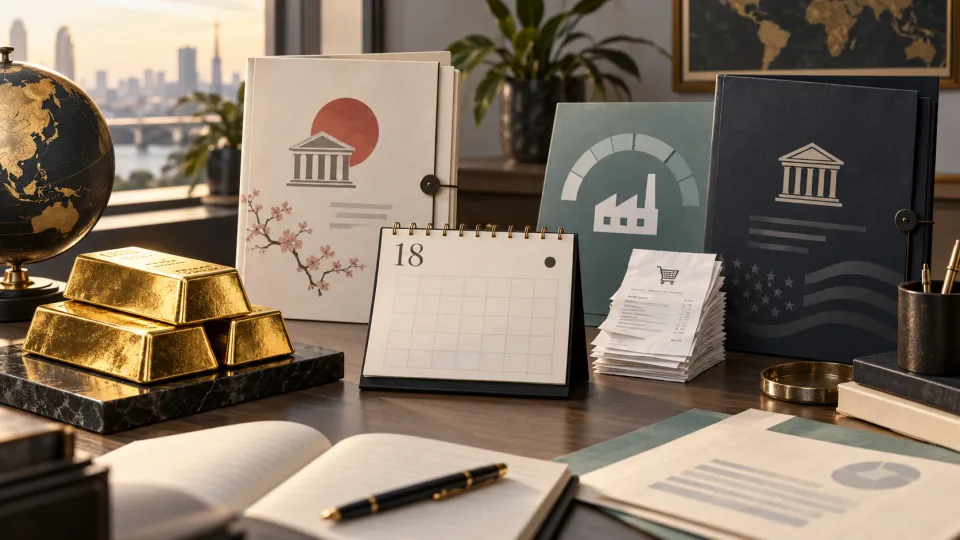 AI illustration: gold beside a calendar marked 18, Japanese policy folder, retail receipts, factory-output gauge and Federal Reserve folder; not a photograph of the events