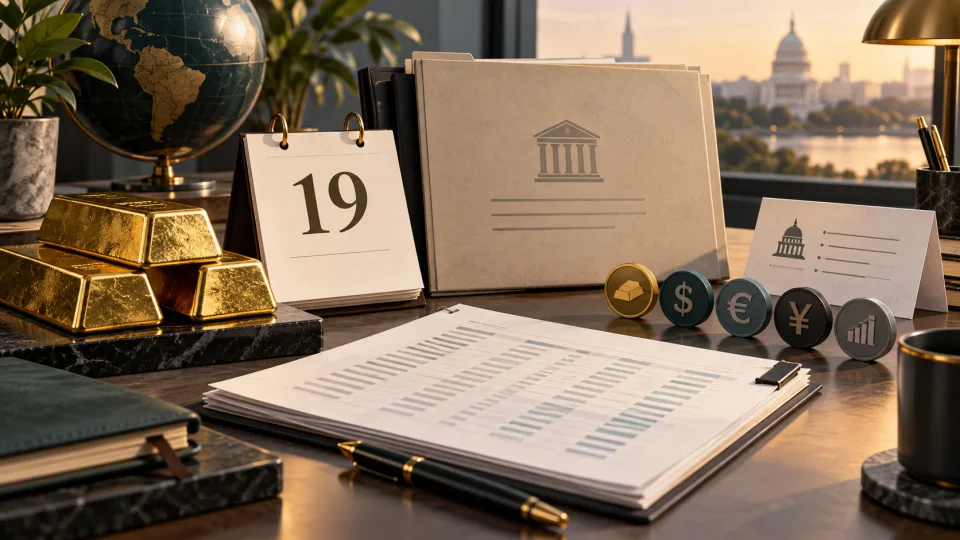 AI illustration: gold beside a calendar marked 19, CFTC-style filing folder, non-readable positioning ledger and currency tokens; not a photograph of the events