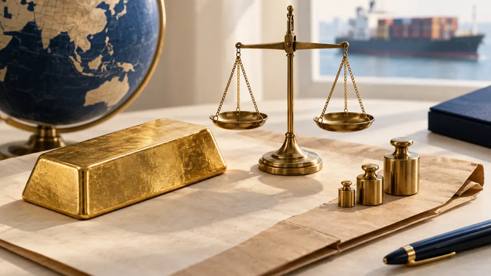 AI illustration: gold, a balance scale and calibration weights